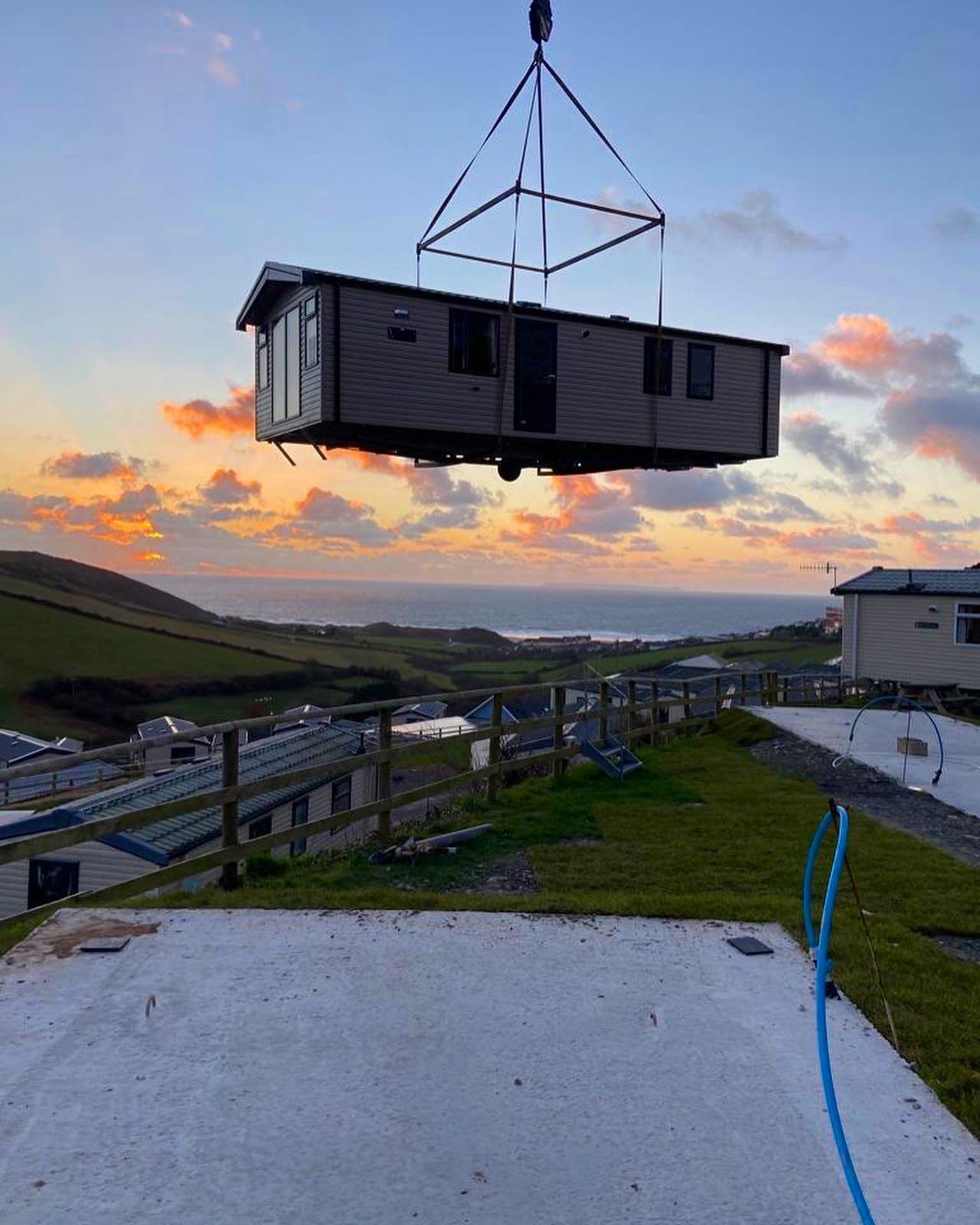 Caravans being craned into position at Woolacombe Sands Holiday Park