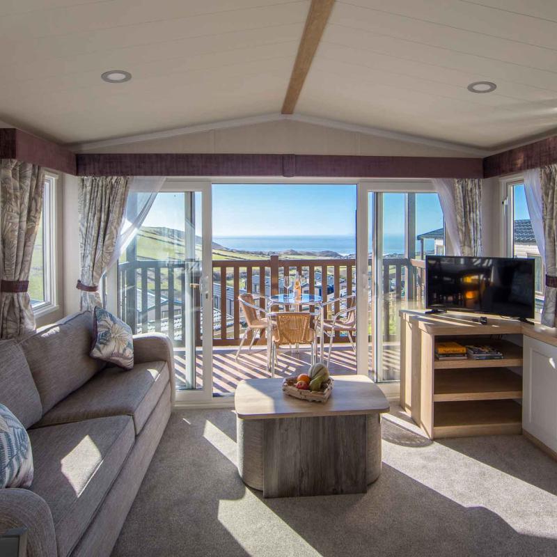 Living room in Atlantic Platinum Caravans with sea View at Woolacombe North Devon