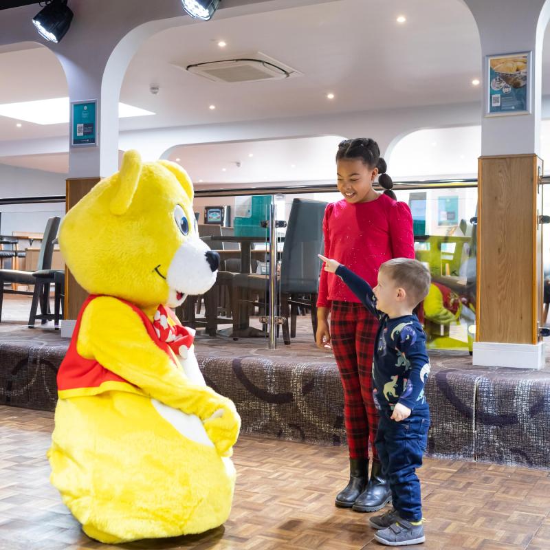 Woolacombe Sands Holiday Park Woolly Bear Greeting Guests in the Clubhouse