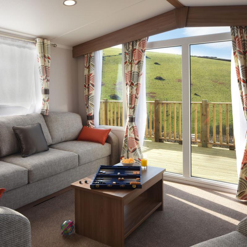 The lounge area of an Atlantic Gold Caravan at Woolacombe Sands Holiday Park