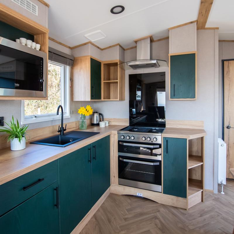 The kitchen area in one of the Diamond Caravans at Woolacombe Sands Holiday Park
