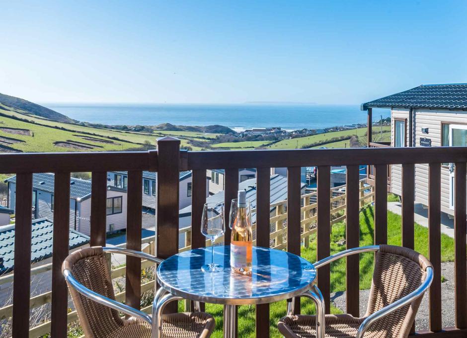 Balcony view from Ocean View Platinum Caravans with sea View at Woolacombe North Devon