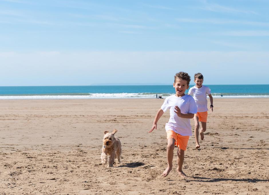 Woolacombe Sands Holiday Park Boys running on the Beach with Dog