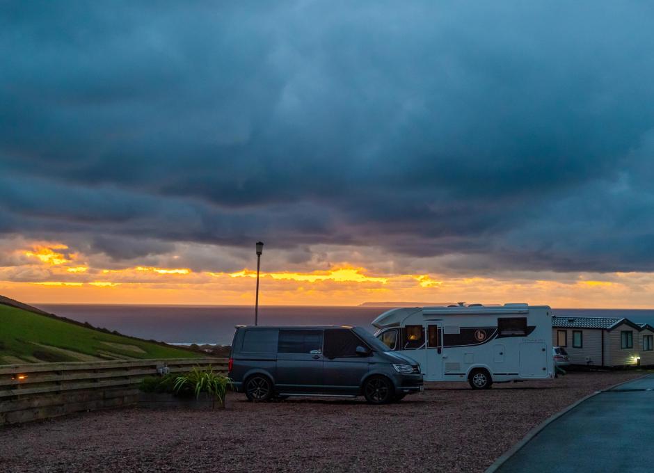 A view of the sunset from the touring pitch hard standings at Woolacombe Sands Holiday Park